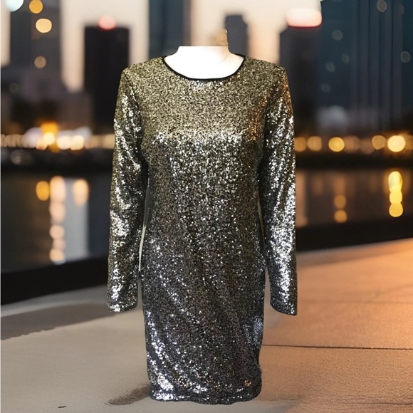 Maia Gold Ombré Sequin Long Sleeve Evening Cocktail Party Sheath Dress NEW NWT - Picture 1 of 7